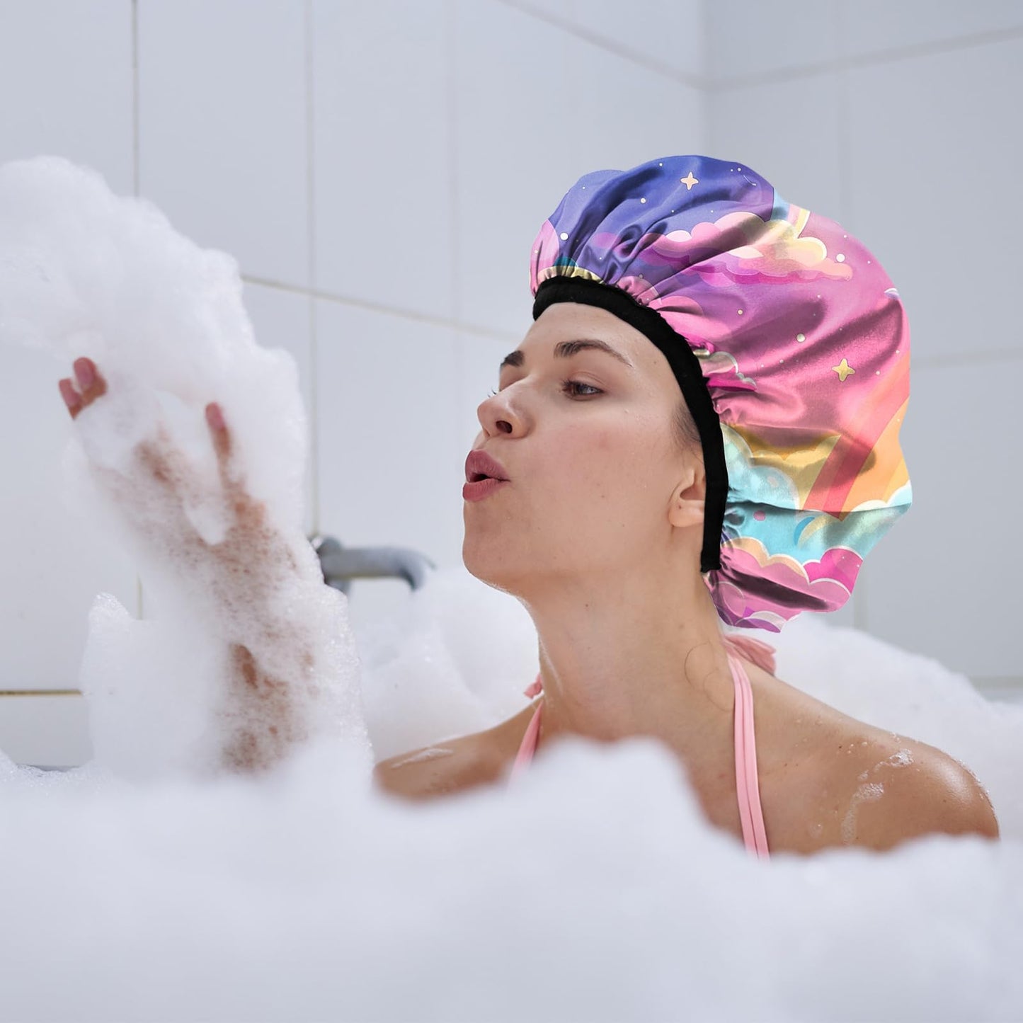 Cabreche Luxury Shower Cap Terry Lined Reusable Triple Layer Waterproof Hair Elastic Caps Shower Bath Hat for Women Girls Cute Aesthetic-Pink Cloud