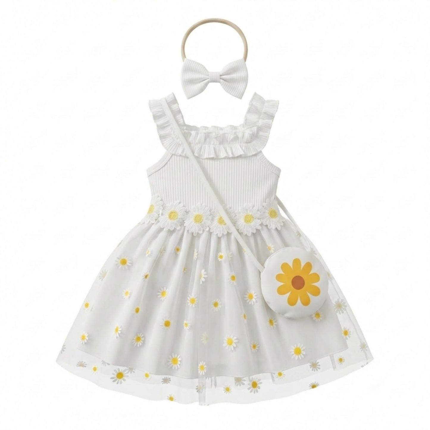 Toddler Girl Daisy Dress Set 3Pcs Ribbed Knit Tulle Sundress with Bag & Headband Cute Summer Floral Outfit for First Birthday Party White 6-9Months
