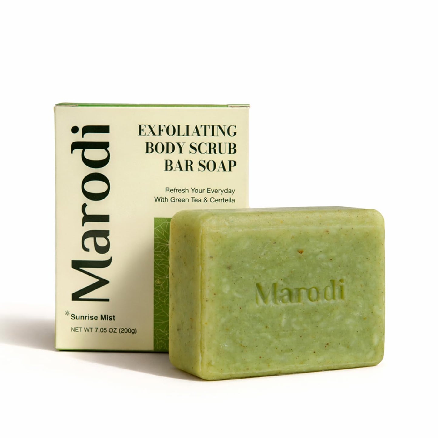 Marodi Body Scrub Bar Soap, 7 Oz (200g), Korean Exfoliating Body Wash Bar with Green Tea & Centella Extract, Subtle Fruity Citrus Scent, Deep Cleaning, Moisturizing & Refreshing, Sunrise Mist