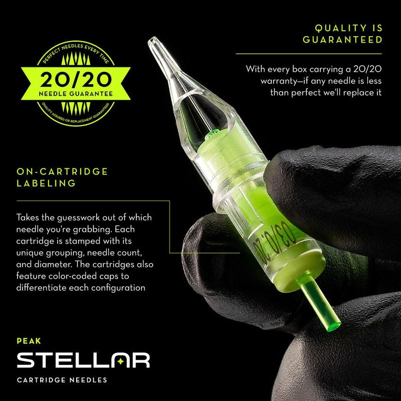 Peak Stellar Tattoo Cartridge Needles, Professional Premium Tattooing Supplies, Box of 20, #12 (.35mm) 9 Round Liner Medium Taper (3.0 mm)