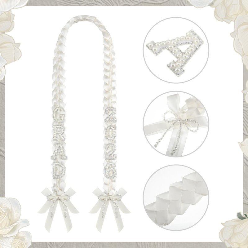 Maysing DIY Class of 2026 Graduation Leis with 30 Pearl Patches Letters and Numbers Graduation Money Leis Double Braided Ribbon Necklace for High School College 2026 Grad Party Decor(White)