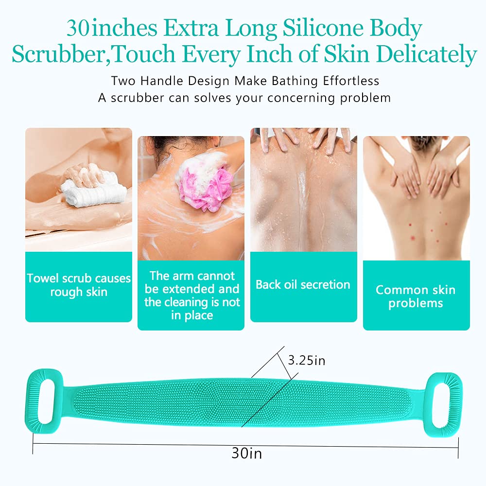 Inmorven Exfoliating Back Scrubber for Shower with Handles, 30 Inch Double-Sided Back Exfoliator Body Scrub Towel, Exfoliating Washcloth Bath Tool for use in Shower, Clean Skin for Men & Women (Green)