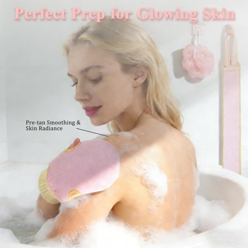 Exfoliating Glove and Back Scrubber for Shower - 3-Piece Exfoliating Mitt Set with Bath Sponge - Deep Skin Cleansing Body Scrubber for Dead Skin Removal, Self-Tan (Pink)