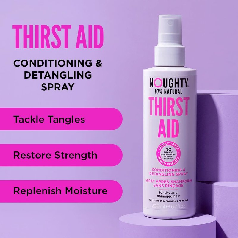 Noughty 97% Natural Thirst Aid Conditioning and Detangling Spray, Leave In Hair Detangler Treatment for Dry and Damaged Hair, with Sweet Almond Oil, Sulfate Free Vegan Haircare 6.7fl.oz