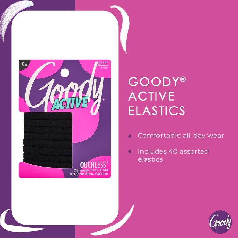 Goody Ouchless Hair Elastics - Damage-Free Gentle Hold Ties | 8 Ct, Black, No Snag for All Hair Types
