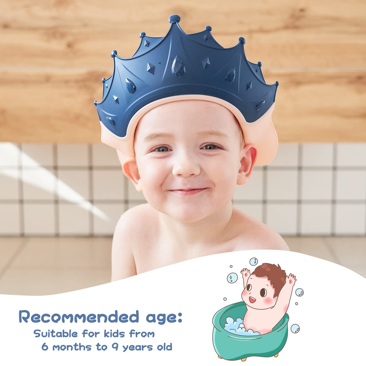 FUSACONY Baby Shower Cap Shield, Shower Cap for Kids, Visor Hat for Eye and Ear Protection for 0-9 Years Old Children, Cute Crown Shape Makes The Baby Bath More Fun(Blue)