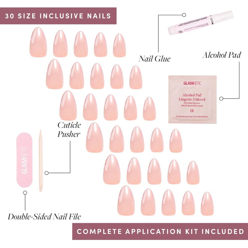 Glamnetic Press On Nails - Los Angeles | Solid Opaque Blush Nude Pink Short Almond Fake Nails in Glazed Finish, Salon Quality | 15 Sizes - 30 Nail Kit with Glue