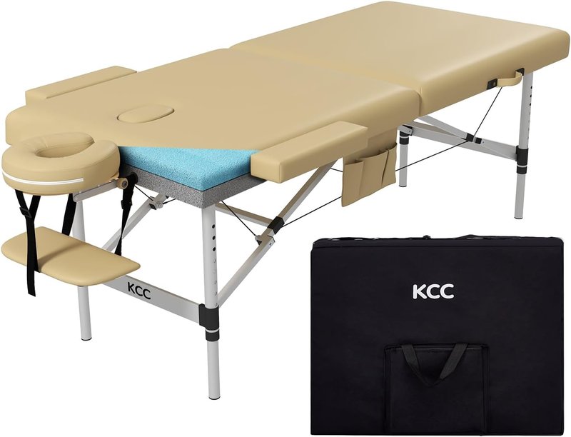 KCC Memory Foam Portable Massage Table - Foldable Height Adjustable Lash Bed | 28" Wide, Lightweight Aluminum, Beige