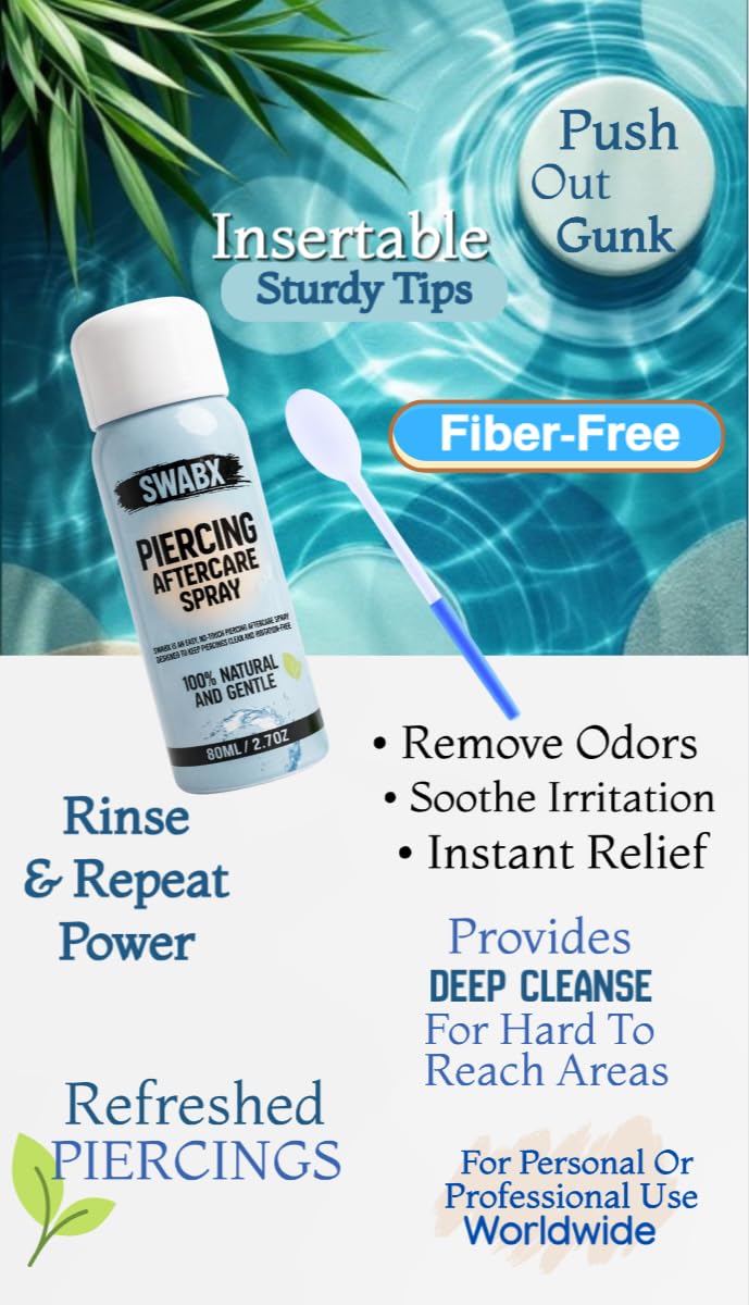 Insertable Piercing Cleaners Sturdy Tips Push Out Gunk, Odors; Cleans in Seconds Multiple Piercings. Soothe Irritation One Swipe Right Through Easy Use for Maintaining Piercings By SWABX - 2 Count