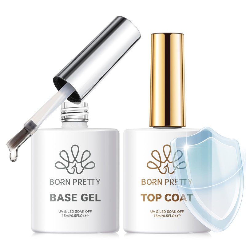 Born Pretty Gel Base and Top Coat Set,2PCS No Wipe Glossy Base Top Coat Gel Nail Polish,Upgraded Formula for Long Lasting Glossy Manicure,Soak Off No More Damaged Nails