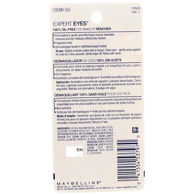 Maybelline Expert Eyes 100% Oil Free Eye Make-Up Remover, 2.3 oz (Pack of 2)
