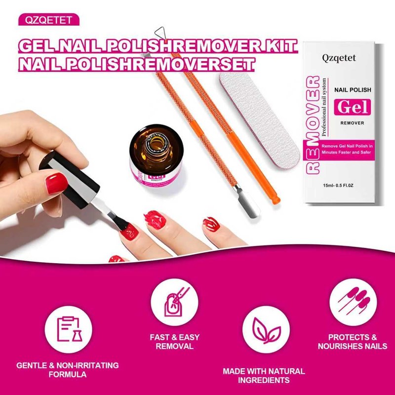 Qzqetet Gel Nail Polish Remover Kit - 15ML(0.5fl.oz) Fast Gel Remover with Latex Tape Peel Off Liquid and Manicure Tools, No Soaking or Wrapping Needed, Easy Removal for Gel Nails