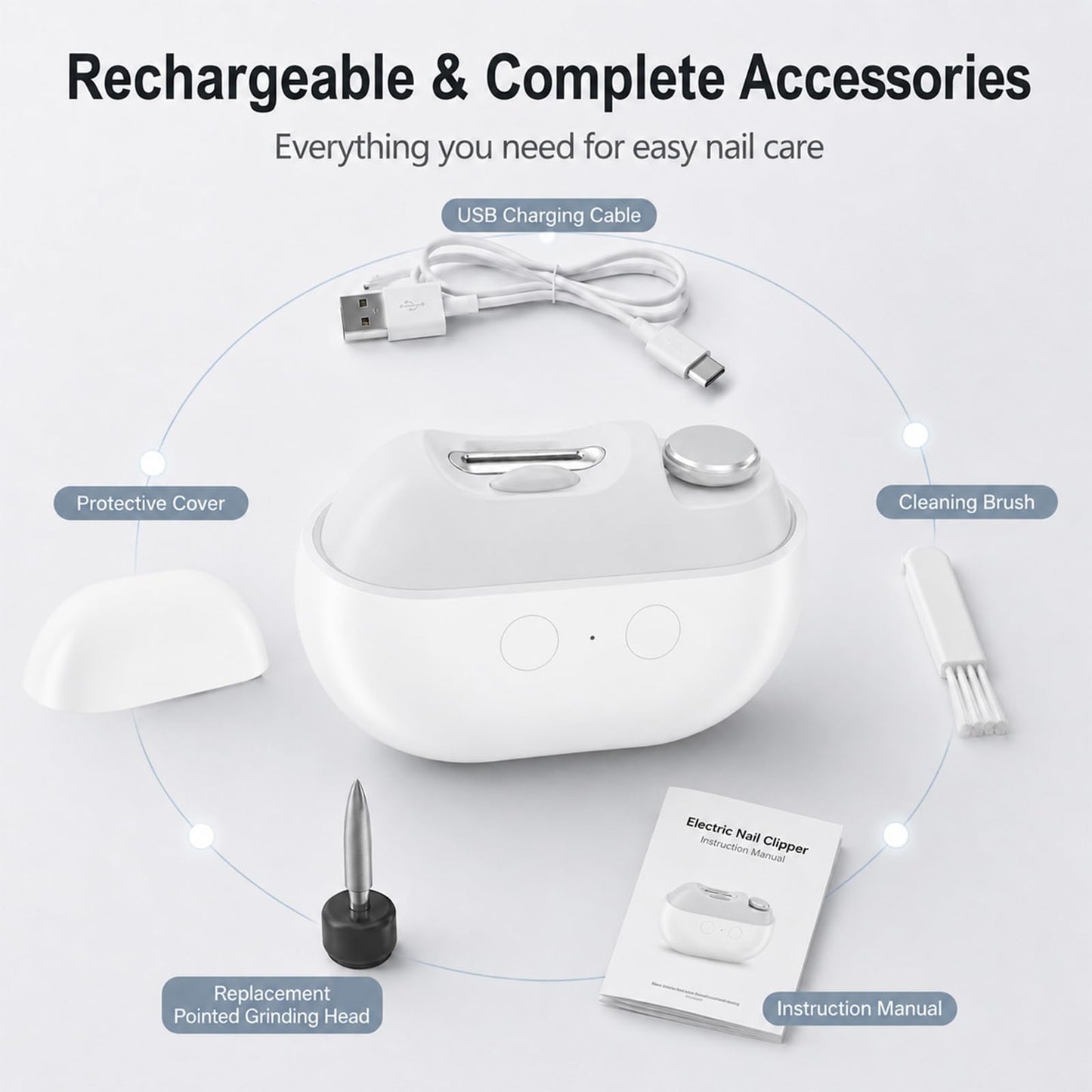 Whriou 3 in 1 Electric Nail Clipper for Seniors, Rechargeable Automatic Trimmer with LED Light and File, Quiet Portable Grooming Tool for Fingernails and Toenails, White