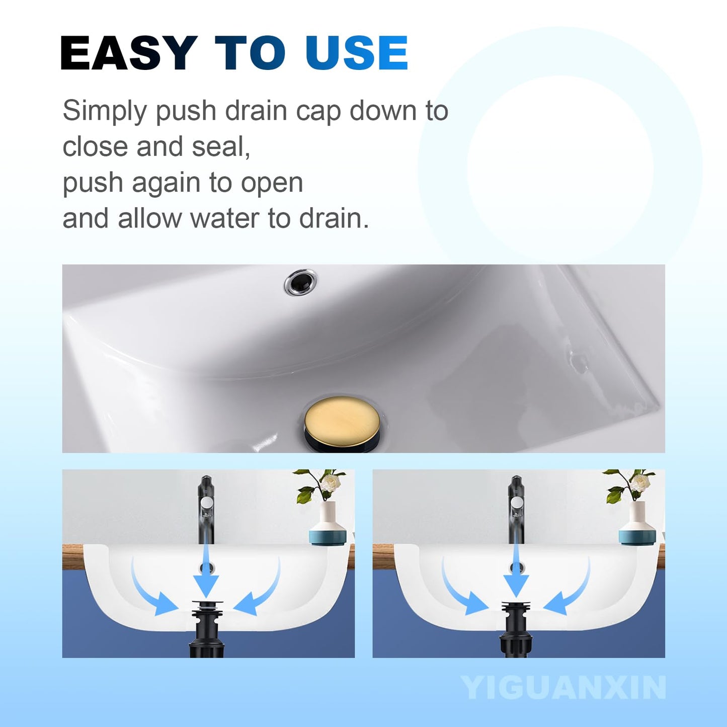 Brushed Gold Bathroom Pop-Up Push-Type Sink Drain Assembly - Vessel Vanity Sink Stopper with Overflow & Strainer, for Faucets