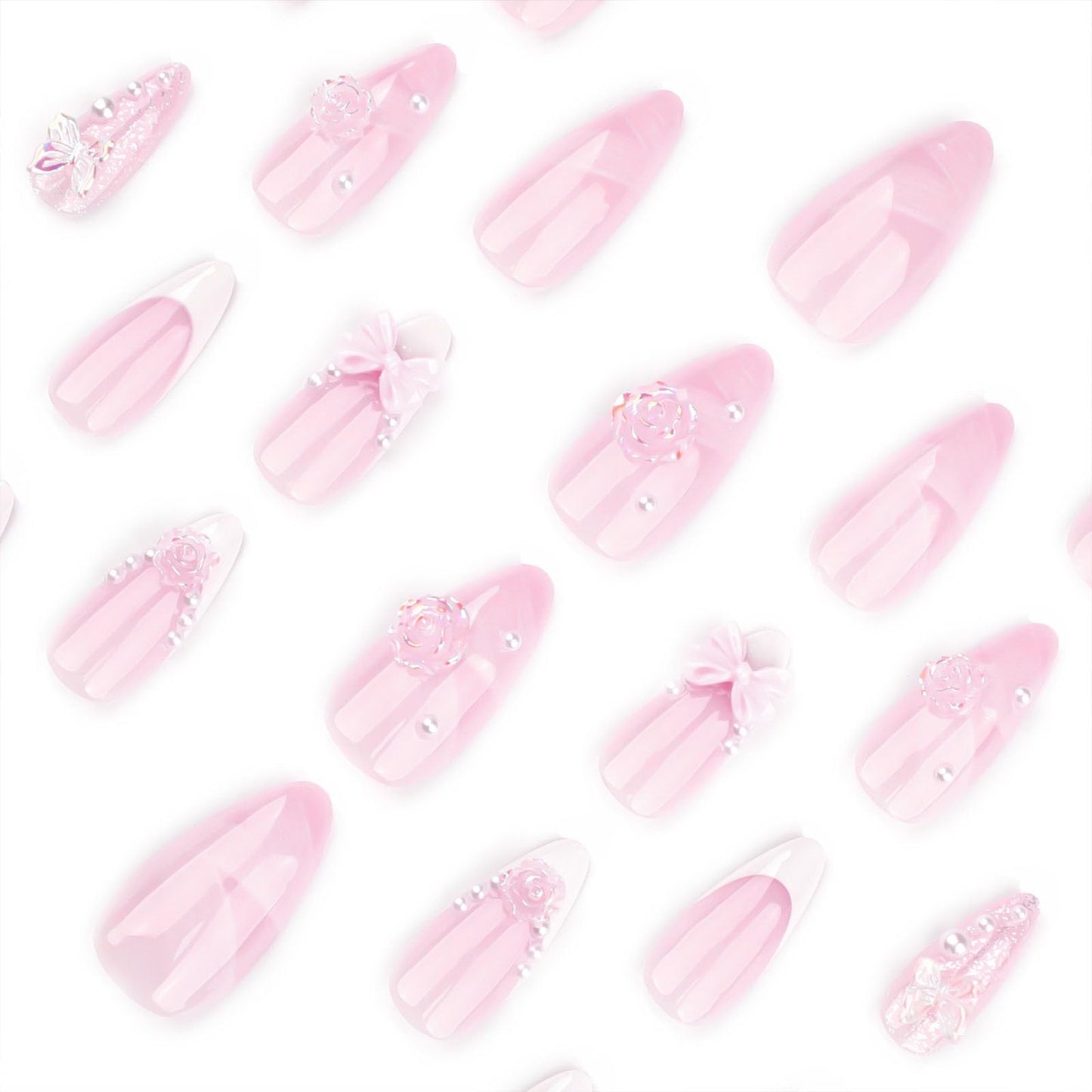 White French Tip Press on Nails Medium Almond Fake Nails with 3D Bow Flower Pearl Charm Designs Spring Nails Press ons Glossy Glue on Nails Butterfly False Nails Pink Stick on Nails for Women 24Pcs