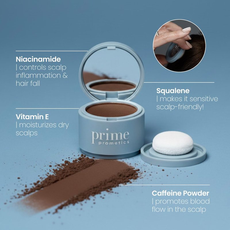 Prime Prometics Instant Coverage Hairline Powder for Mature Women – Covers Grays, Roots & Thinning Areas – Water & Sweat-Resistant – Natural, Fuller-Looking Hairline (Brunette)