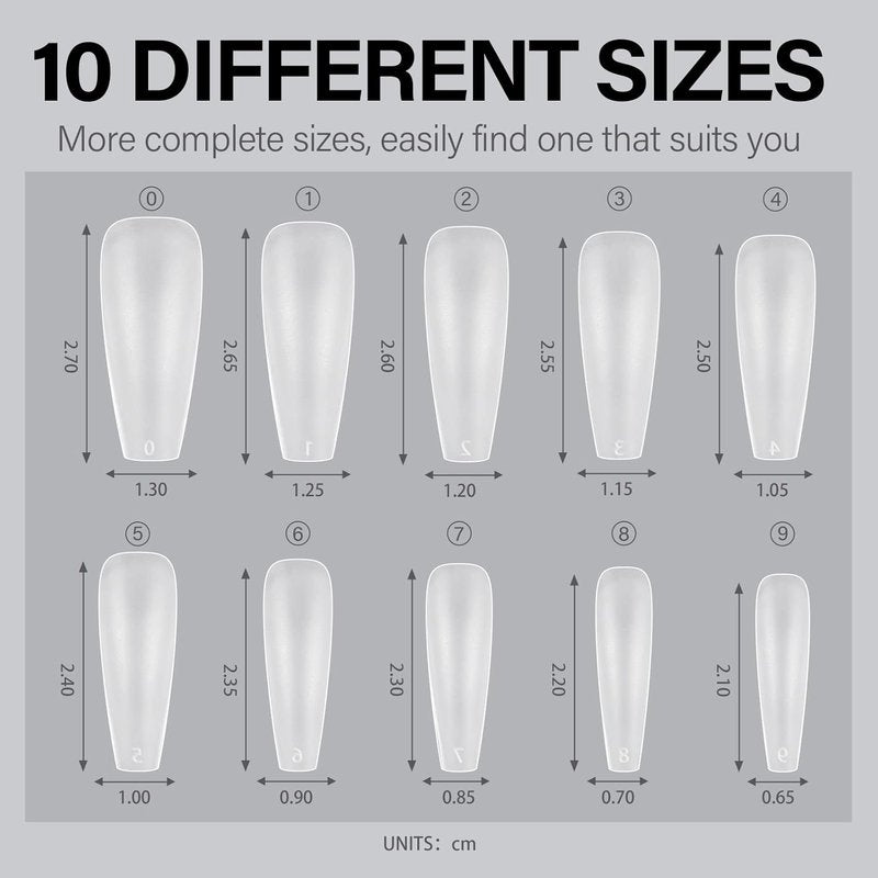 Coffin Nail Tips - Upgraded Matte Soft Full Cover Gel | 240 Pcs Pre-Shaped Acrylic Press-On Nails, 10 Sizes