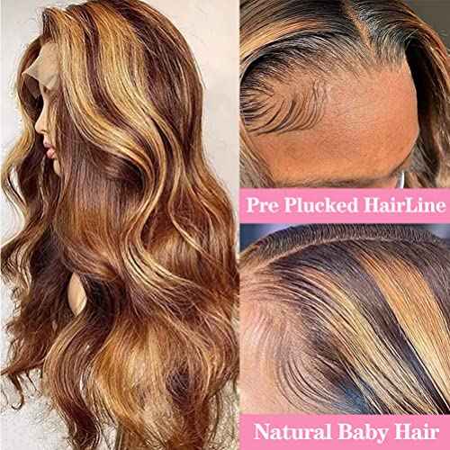 Highlight Ombre Lace Front Human Hair Wig - Pre Plucked 4/27 Brown Honey Blonde Body Wave - 13x4 HD Lace Frontal - 150% Density 24 Inch - For Black Women