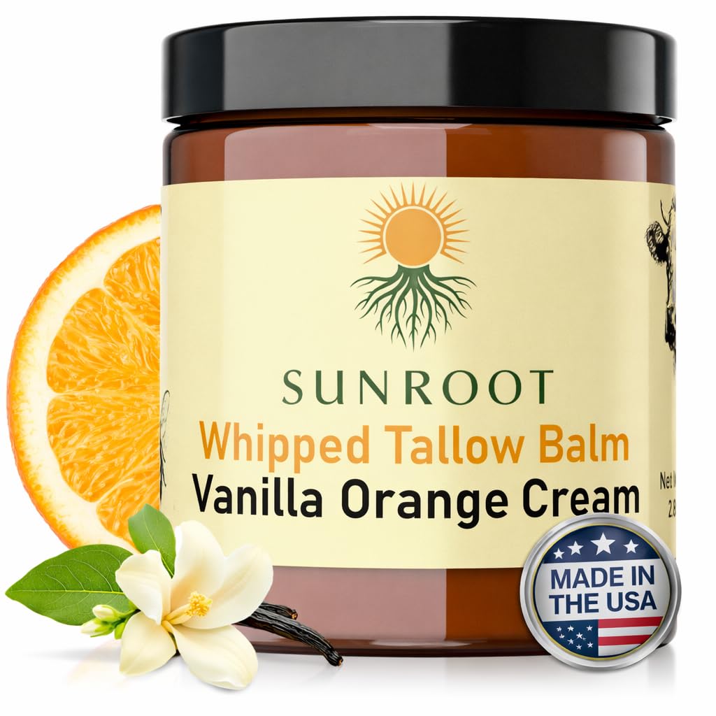 Sunroot Naturals Whipped Tallow Balm, Vanilla Orange Cream Moisturizer, Natural Ingredients, 4oz Glass Jar, Face and Body Care