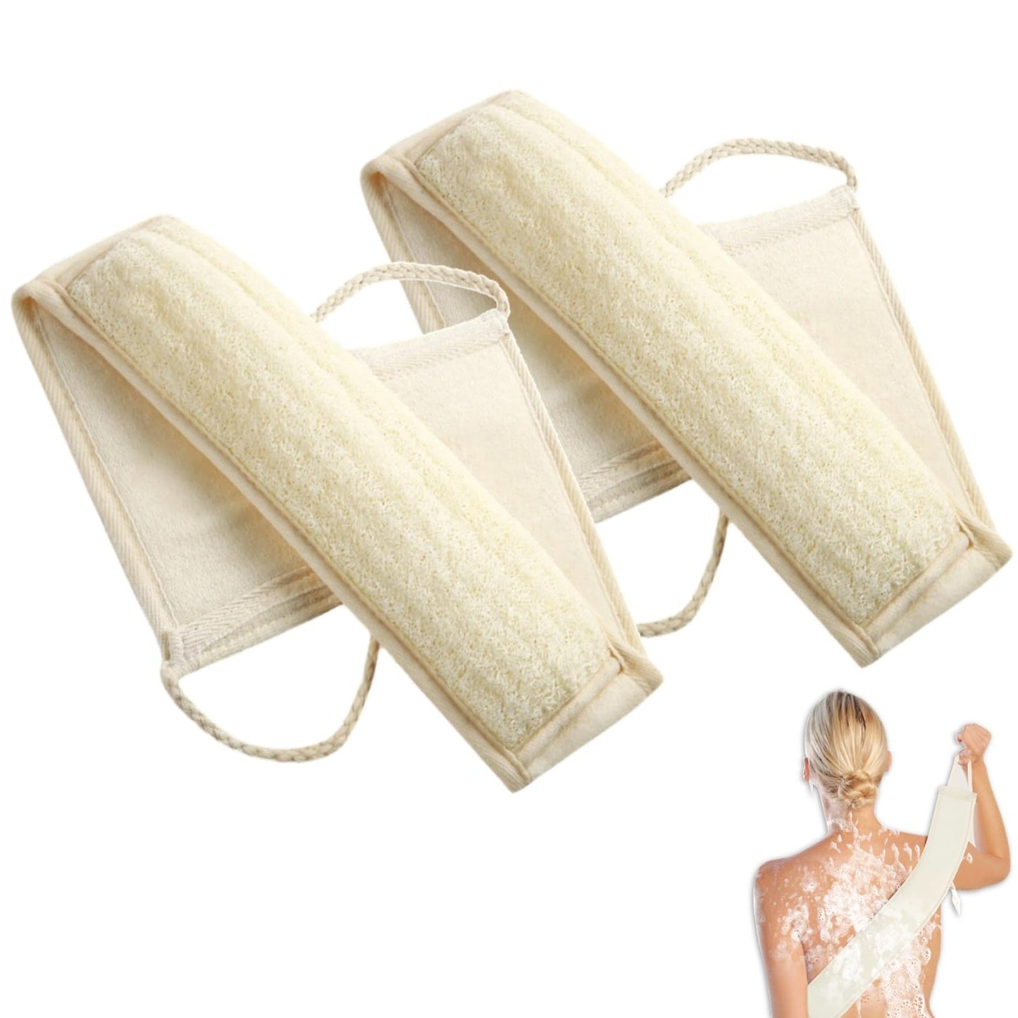 FYRLFB Natural Loofah Exfoliating Body Scrubber for Men and Women, Loofah with Handle, Exfoliating Back Scrubber for Shower Set, Luffa Sponge to Clean & Relax Your Body Deeply (2 Pack)