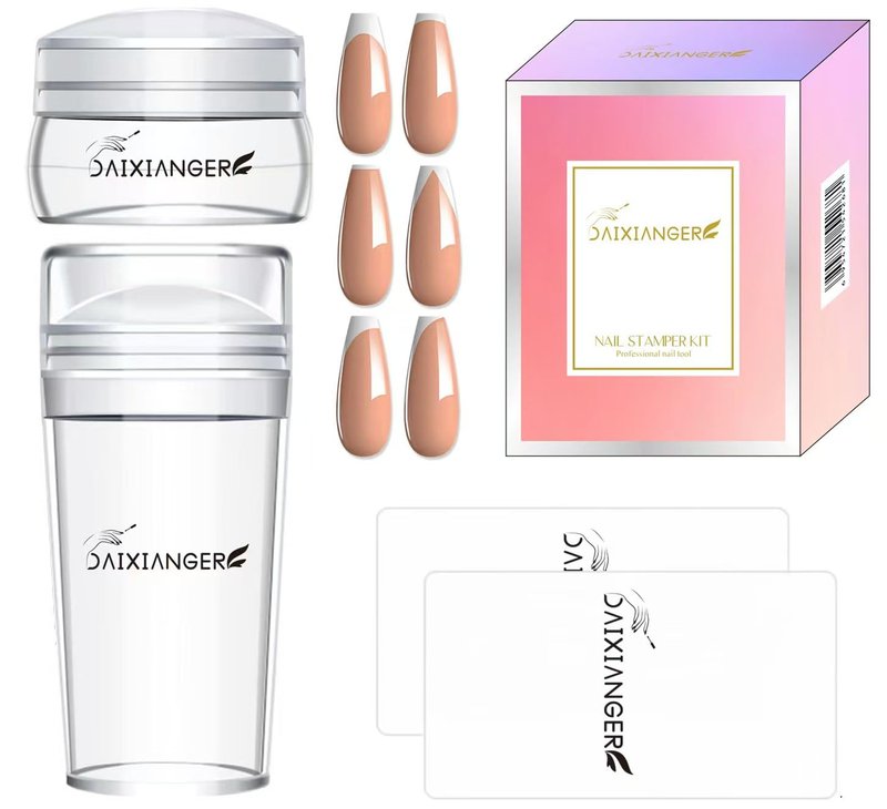 DAIXIANGER French Tip Nail Stamp, Nail Stamping Kit, French Tip Stamp Tool, 2 Sizes Clear Nail Stamper with Scraper, Professional Nail Stampd for French Manicure & DIY Nail Art at Home