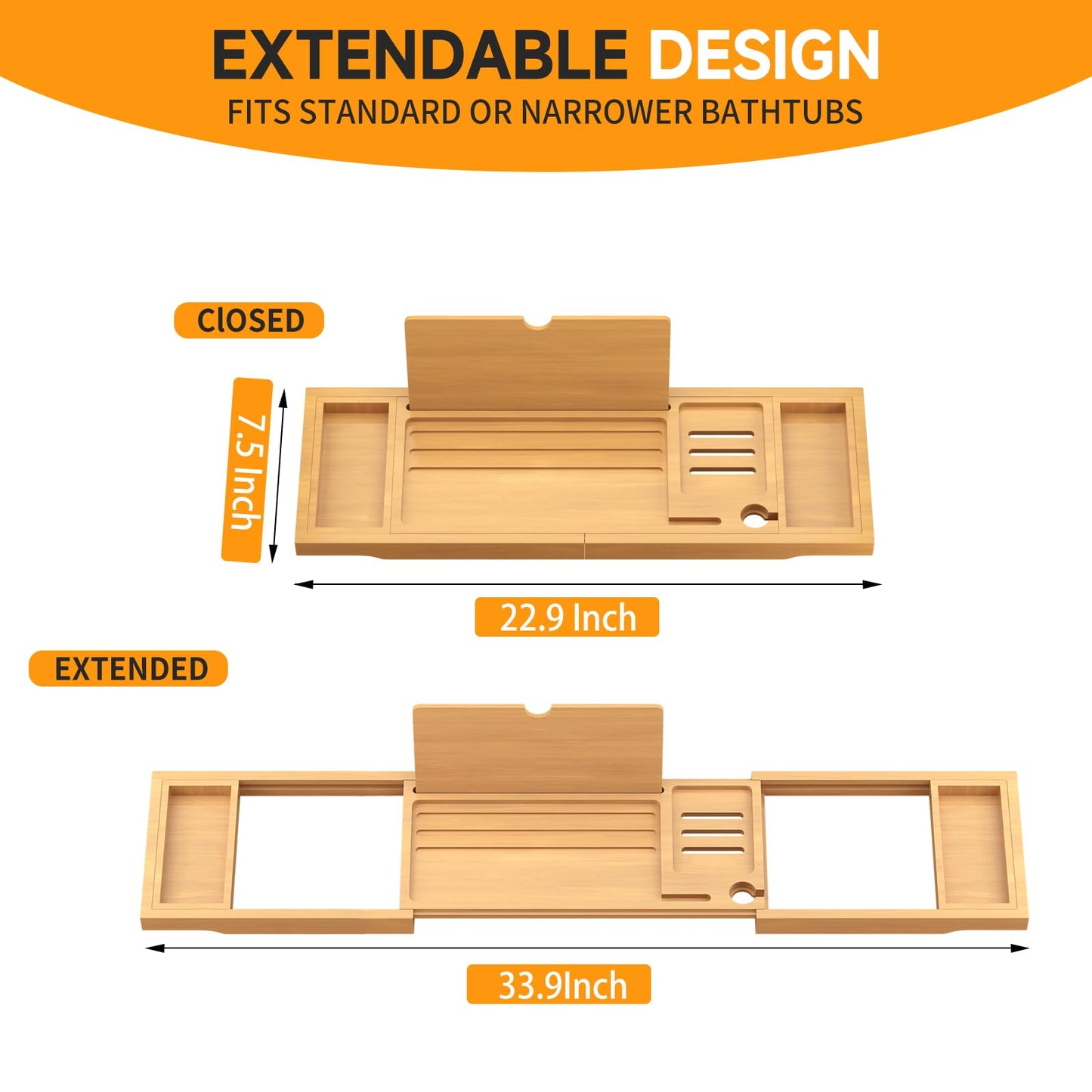 Premium Bamboo Bathtub Caddy Tray with Extending Sides, Adjustable Wood Bath Tray for Luxury Bath, Fits Most Tubs, Accessories Gift Idea