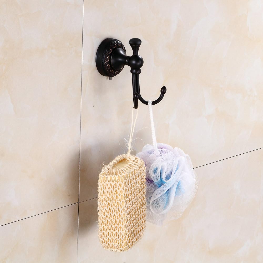 Kelelife Antique Brass Towel Hook, Screw-Mounted Shower Wall Hook, Wall-Mounted Bathroom Hook for Hanging Clothes & Robes, Vintage Oil Rubbed Copper Brass Carving Series Long-Handle Double Hook