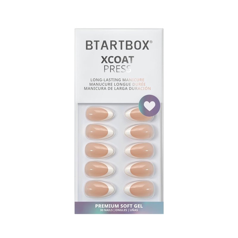 BTArtbox Press On Nails Short - Almond French Tip Press On Nails with Glue for Women, Soft Gel Glue On Nails in 16 Sizes - 32 Stick On Nails Kit, White French