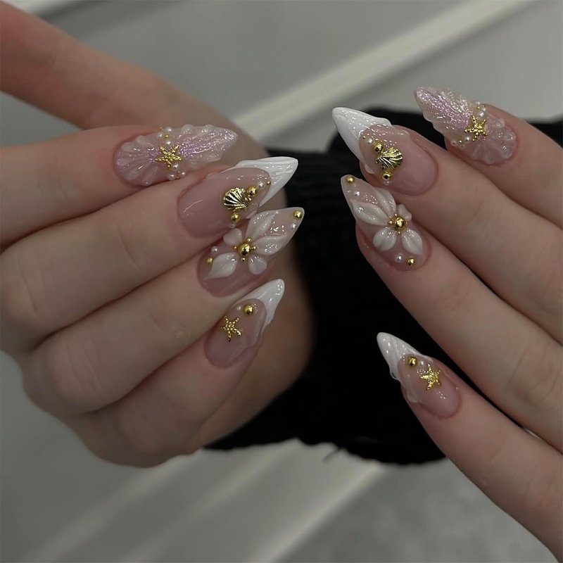 Skiennix 24pcs White French Tip Press-On Nails - Medium Almond Shape with 3D Floral Gold Pearl Designs