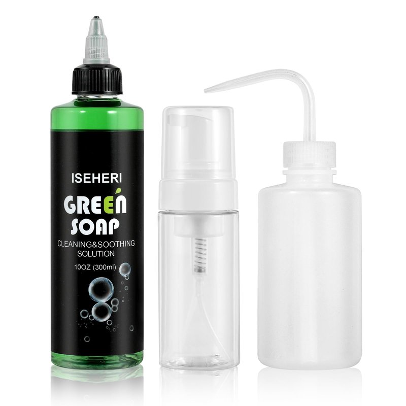 iseheri Ultra Concentrated Green Soap Tattoo (10 oz) with 120ml Foaming Bottle and 8 oz Squeeze Bottle – Tattoo Supplies for Tattoos, Piercings, Skin and Equipment Cleaning