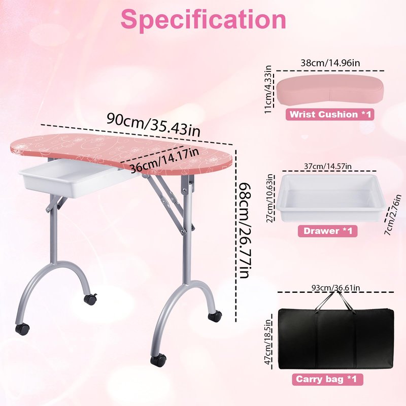 Senrob Portable Foldable Nail Desk for Nail Techs Manicure Table with Drawer & Wrist Rest, Wheeled Nail Tech Workstation (Pink)