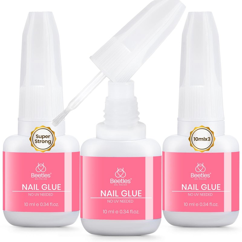 Beetles Super Strong Nail Glue for Press on Nails: 10ML 3Pcs Brush on Glue for Acrylic Nails, Nail Tips Quick Dry No Uv Light Needed