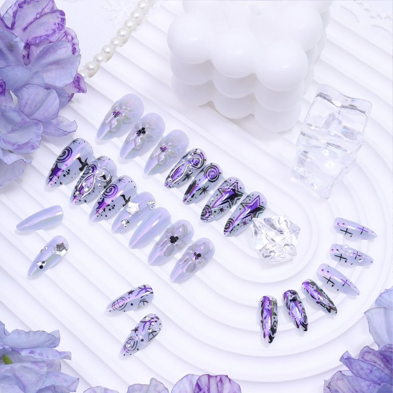 Skiennix 24Pcs Y2K Press-On Nails - Medium Almond Shape with Purple Flowers & 3D Silver Bow Design