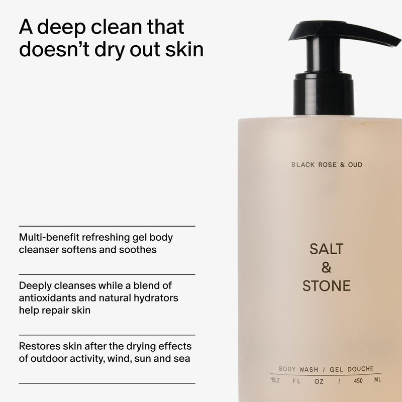 Salt & Stone Body Wash with Antioxidants for Deep Moisture | For Women & Men, Sulfate, Paraben, & Dye Free, Leaving Skin Soft and Hydrated | Black Rose & Oud 15.2 fl oz