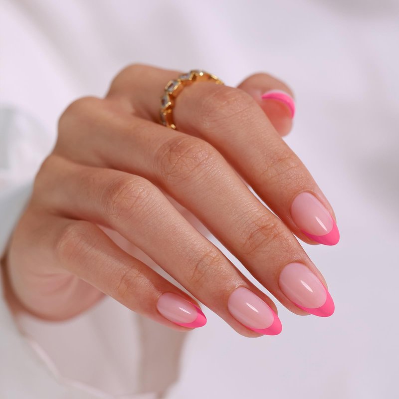 Pink French Tip Press on Nails Almond - SHANGMENG Soft Gel Press on Nails Short for Women Gift, Naturally Fit Glue on Nails in 16 Sizes - 32 Reusable Fake Nails Kit with Glue, Dolce Pink