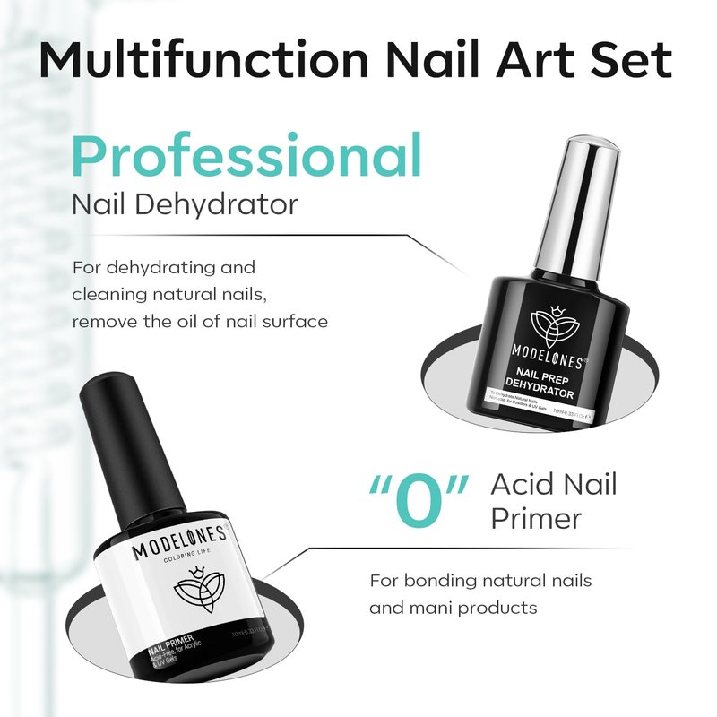 modelones Nail Dehydrator and Primer with Gel Base & Top Coat Set, Acid Free Acrylic Supplies Primer Glossy Gel Nail Polish Nail Thickening Solution Top Coat