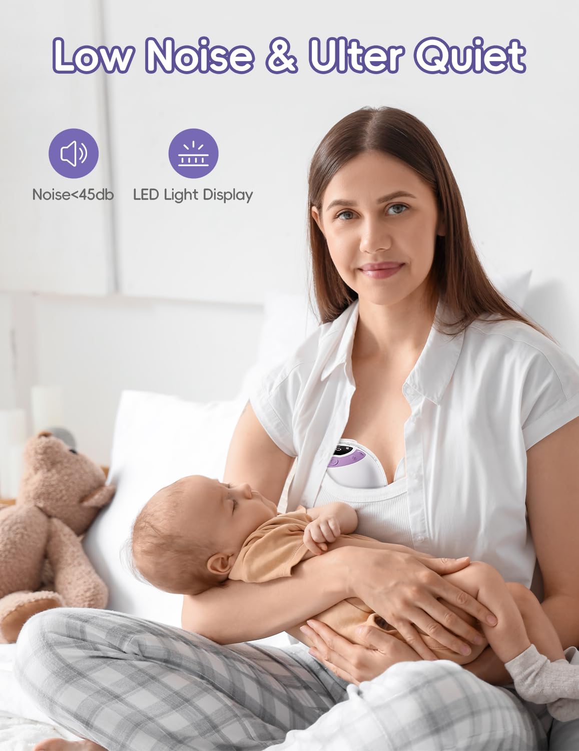b&h Breast Pump Hands Free with Night Light, S33 Portable Electric Wearable Breastfeeding Pump, 4 Modes & 9 Levels, 27/24/21/19/17mm Flange, Baby Mouth Double-Sealed Flange, Milk Pump for Moms -Purple