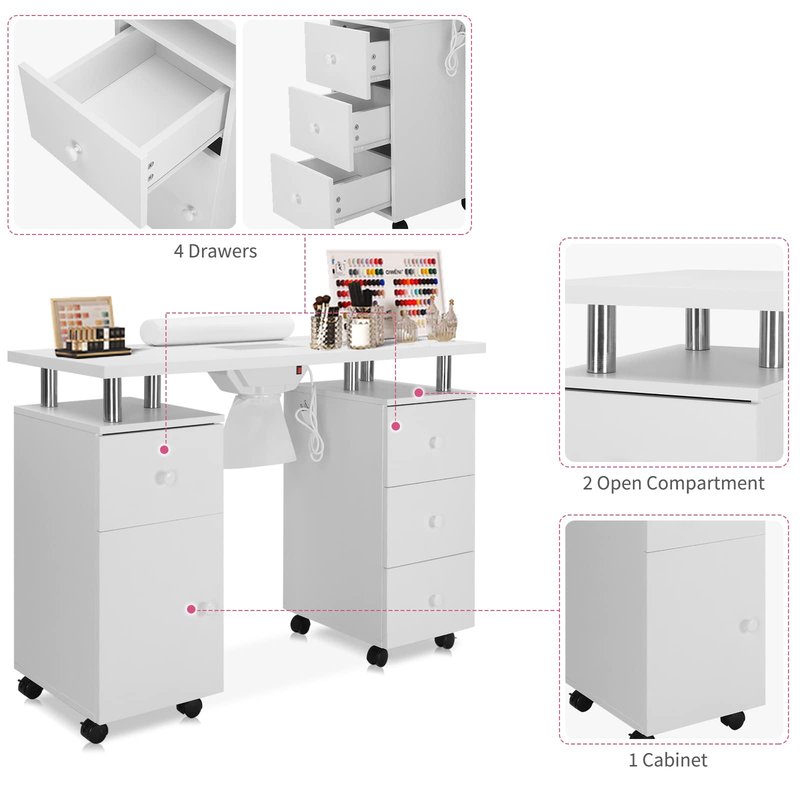 OmySalon Manicure Table Nail Desk for Nail Tech, Nail Table Beauty Salon Station w/Electric Dust Collector Acetone Resistant w/Lockable Wheel,Arm Rest