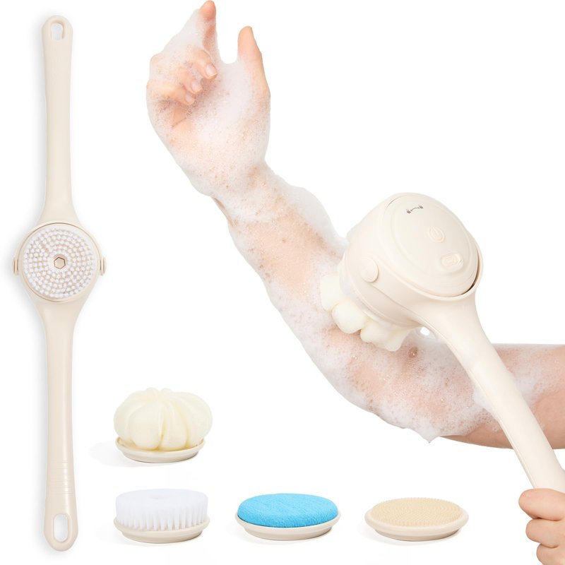 Electric Back Scrubber for Shower, Waterproof Body Brush with 4 Replacement Heads & Auto-Lock & Long Handle, 3-Speed Rechargeable Power Back Scrubber for Exfoliating & Deep Cleaning & Skin Massaging