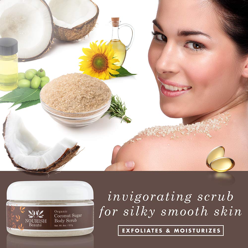 Nourish Beaute Organic Sugar Body Scrub for Exfoliation and Cellulite, Hydrates and Moisturizes Skin While Improving Skin Tone and Texture, 8 oz, Coconut