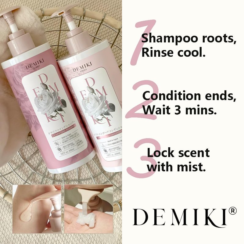 DEMIKI Japanese Shampoo and Conditioner Set for Women,Sulfate Free Shampoo for Oily Hair,Paraben Free, Sulfate Free, Rose Scent,Clarifying Shampoo Moisturizing and Volumizing Natural Hair Care,32oz