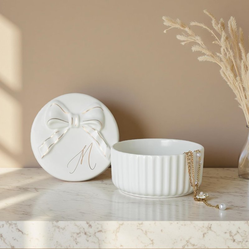 COLLECTIVE HOME Monogram Ceramic Jewelry Box with Bow - Small Trinket Dish, Elegant Wedding，Bridal Shower & Bridesmaid Gifts (M)