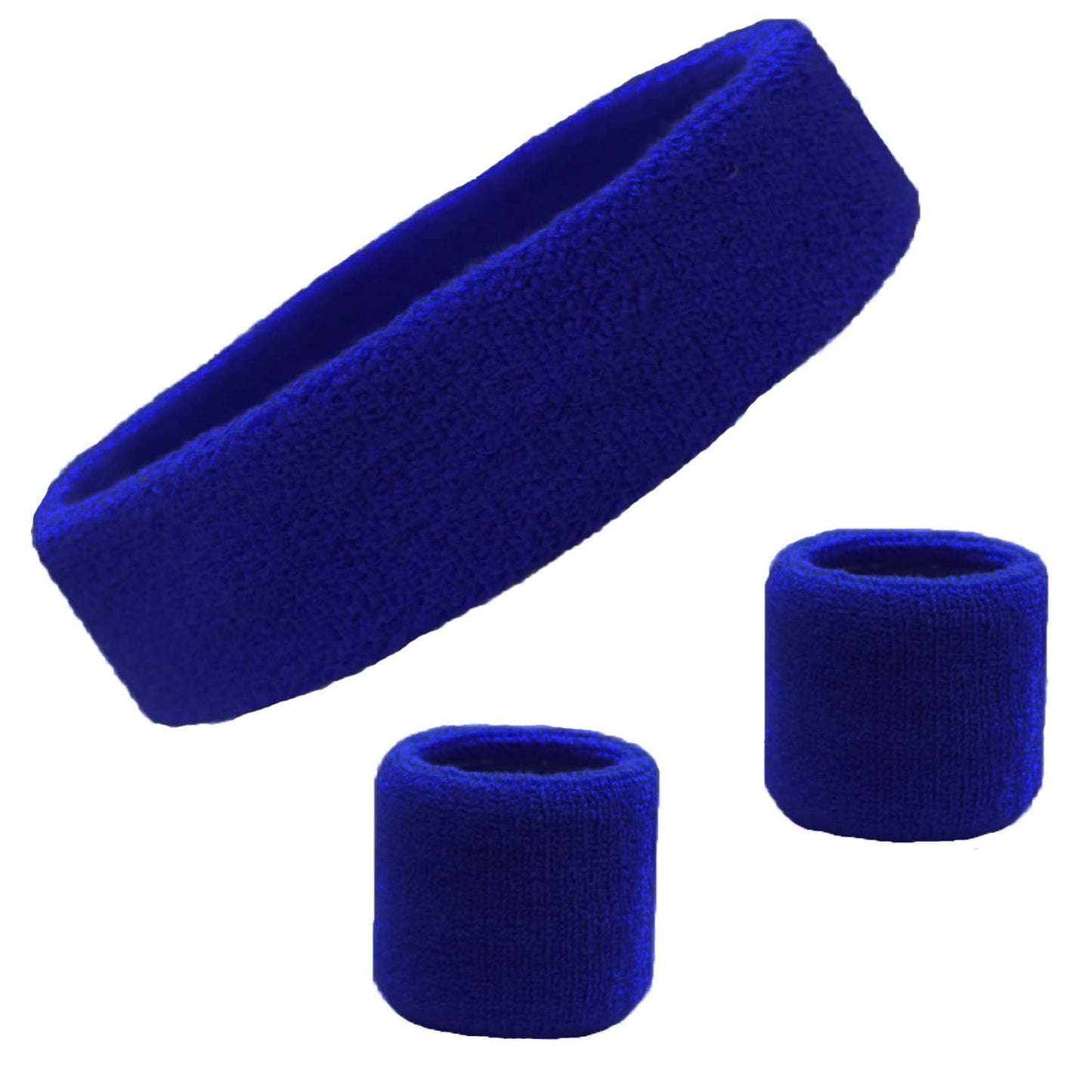 Sweatband Set Cotton Sports Headband Terry Cloth Wristband Moisture Wicking Sweat Absorbing Head Band Athletic Exercise Basketball Wrist Sweatbands and Headbands by Kenz Laurenz (Blue) Fits Most