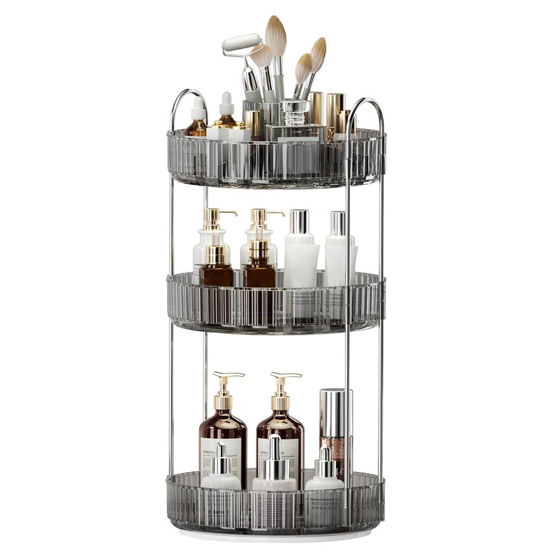 360° Rotating Makeup Organizer, Upgraded 3 Tier Skincare Perfume Organizers for Women, Bathroom Organizer Countertop, Clear Cosmetic Dresser Organizer with Makeup Brush Holder, Sink&Counter(Grey)