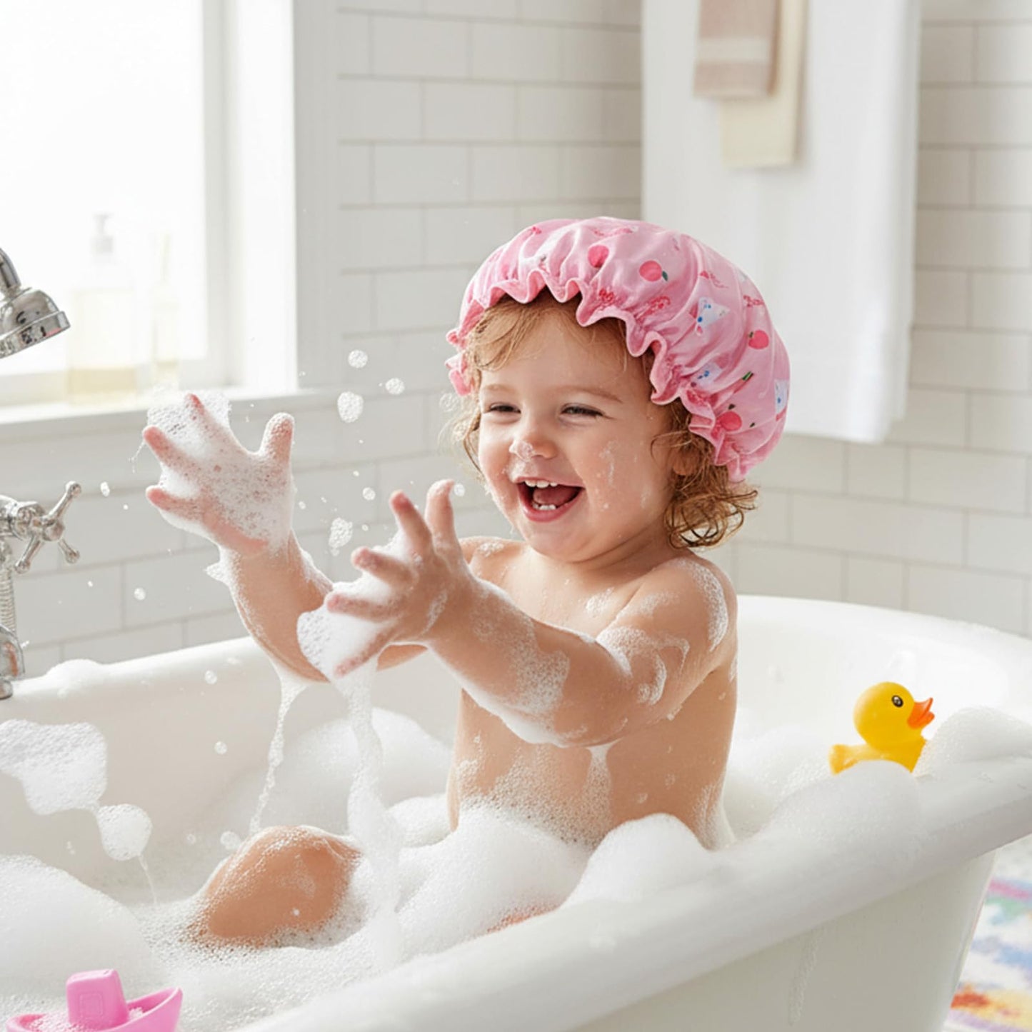 Jeffdad Kids Shower Caps, 2 PCS Pink & Purple Waterproof Double Layers Shower Caps Cute Bonnets Elastic Band Bonnet Satin and Eva Soft Kids Sleeping Cap Reusable Shower Cap
