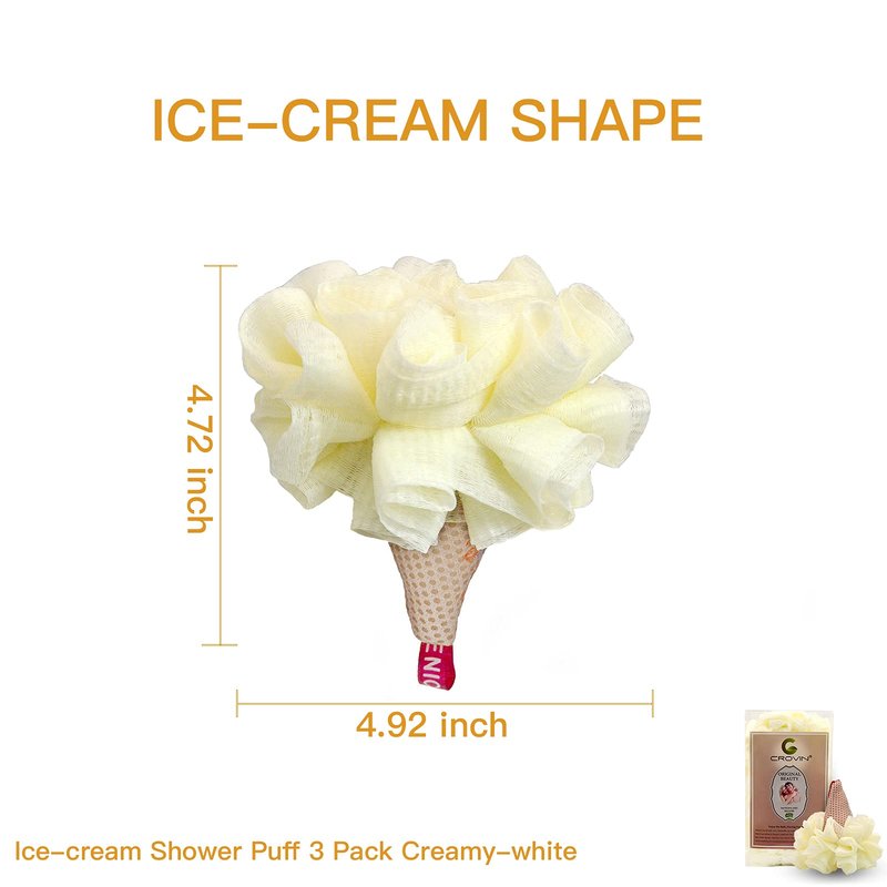 CROVIN Ice Cream Bath Sponge Pouf (Set of 3)-Creamy White Soft Mesh Puff Exfoliating Shower Sponge Ball Body Scrubber for Adults, Children