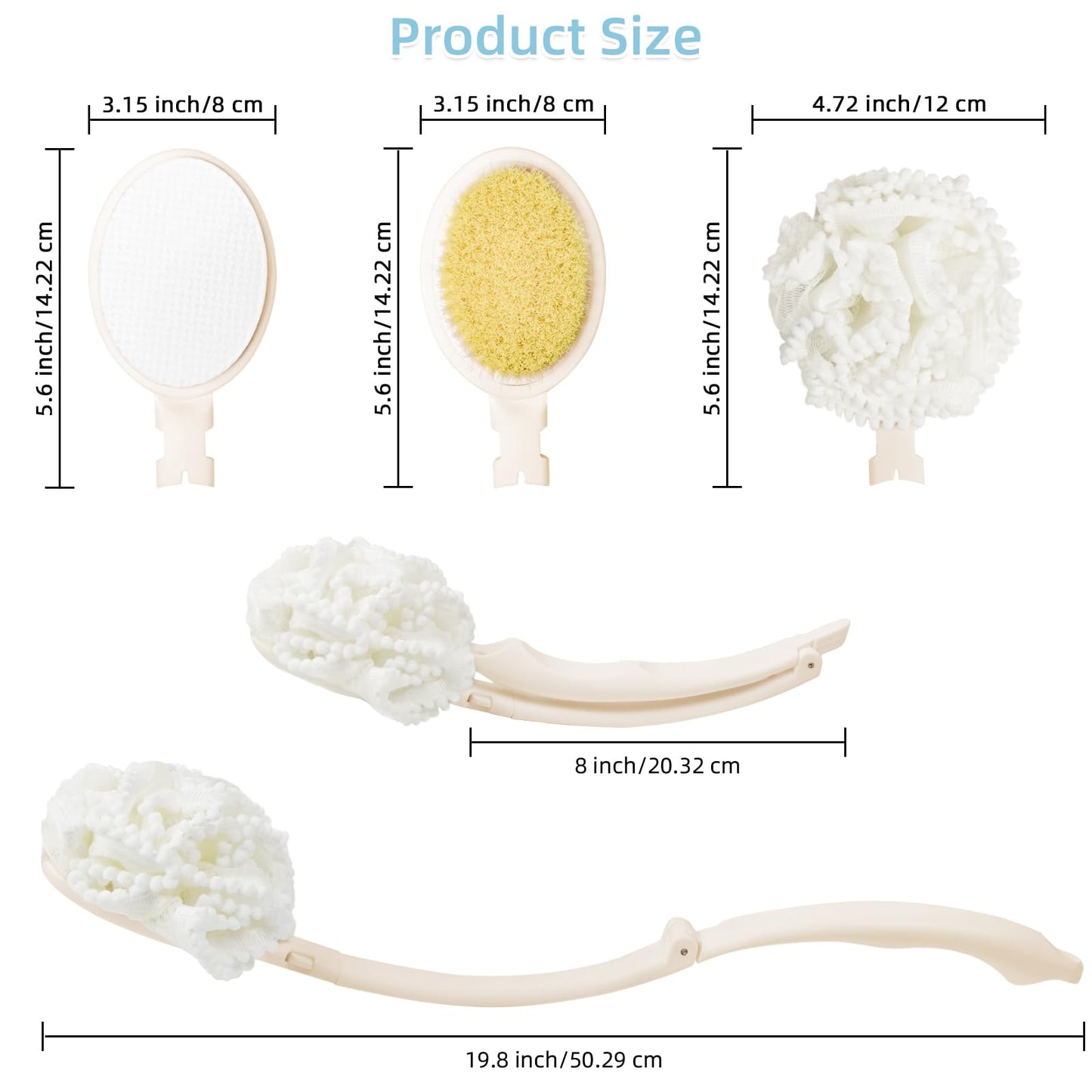 Topfinder Loofah Sponge with Handle,Back Scrubber Brush for Shower, Lotion Applicator for Back,3 in 1 Shower Kit (White loofah)