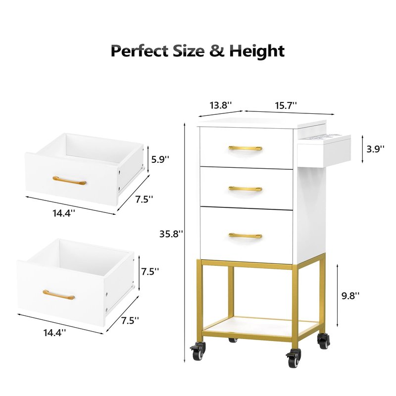 OmySalon Salon Storage Trolley Cart, White Gold Salon Station for Stylist, Beauty Wooden Hair Cabinet with Dryer Holder & Drawer, Hairdressing Tools Organizer Equipment for Spa Barbershop