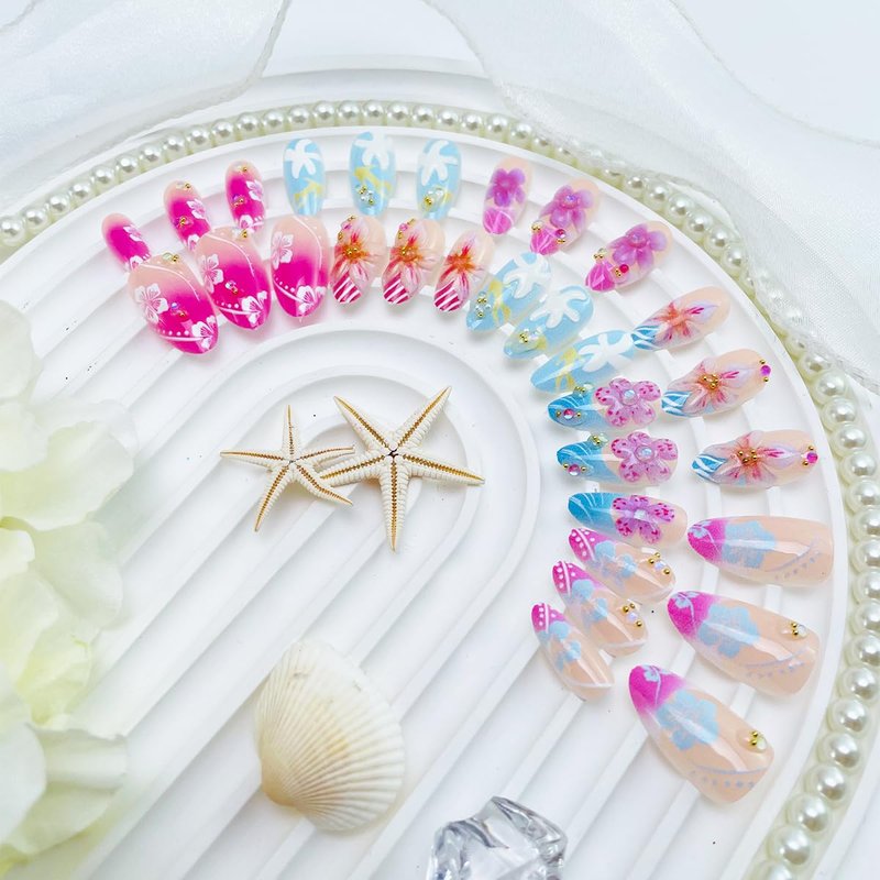 30Pcs 3D Tropical Flower Press on Nails Medium Almond Handmade Fake Nails with Hibiscus Floral Starfish Designs Pink Blue Gradient French Tip False Nails Reusable Summer Beach Acrylic Nails for Women