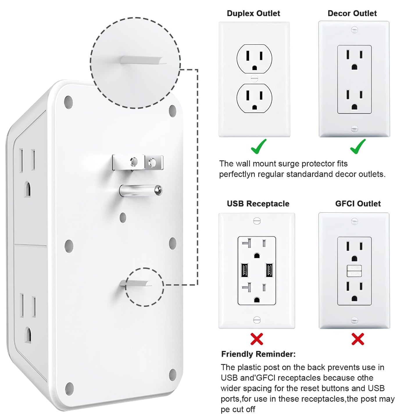 JcBlaon Outlet Extender Surge Protector - 6 Outlet Splitter with 4 USB Ports (2 USB C), Multiple Plug Expander Wall Charger, 3 Sided Multi Plug Wall Adapter Power Strip for Home Office Kitchen Travel